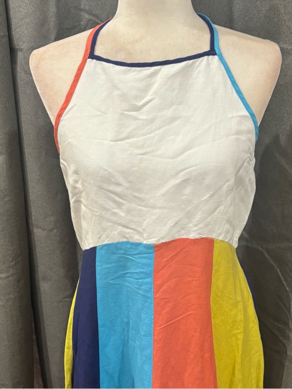 By Anthropologie Multicolor Stripe Halter Midi Dress White Blue Medium Linen - Picture 2 of 11